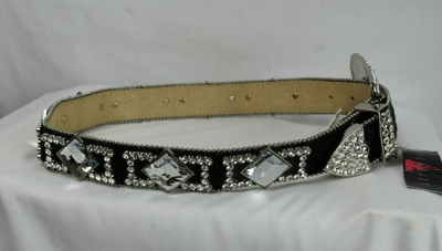 Pre-owned Wildfire Black  Leather And Crystal Belt Size 30-32