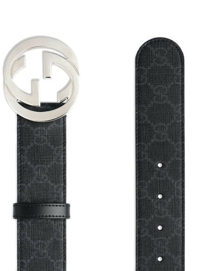 Pre-owned Gucci Women Men's Black Grey Gg Supreme Canvas Leather Belt 90 36 411924