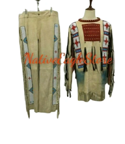 Pre-owned Handmade Old 1800 Style Beige Buckskin Suede Hide Bead Shirt & Bead Pant Leggings Nsp149