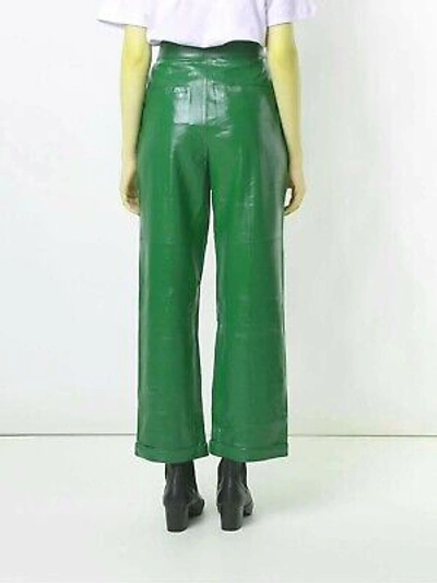 Pre-owned Asaavi Womens 100% Genuine Lambskin Green Leather Pants Carpenter Wide Leg Pants - 022