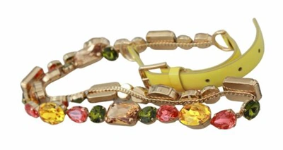 Pre-owned Dolce & Gabbana Dolce&gabbana Women Yellow Waist Belt Leather Brass Crystal Skinny Fashion Strap