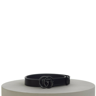 Pre-owned Gucci 480$ Men's Thin Belt In Black Leather With Black Gg Marmont Buckle