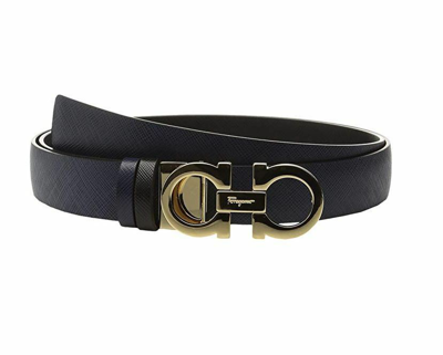 Pre-owned Ferragamo Salvatore  Black Blue Leather Revers Belt Gancio Buckle Easy Resize In Gold