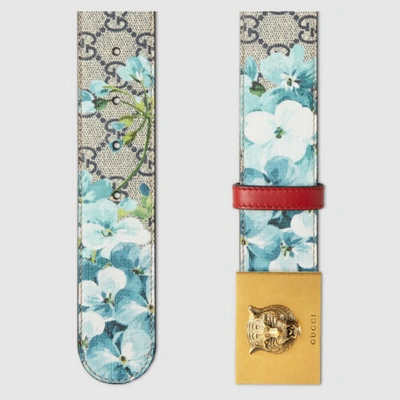 Gucci Belt Blue Bloom & Flower Print With Gold Tiger Buckle
