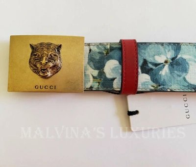 Gucci GG Supreme Blooms Belt with Tiger Head Buckle - Blue