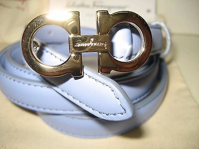 Pre-owned Ferragamo $295 Salvatore  Logo Ganicio Silvertone Buckle Leather Belt 32"-40" In Blue
