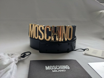 Pre-owned Moschino Couture Jeremy Scott Shiny Black Leather Belt With Gold Lettering Logo In Gold/black