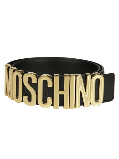 Pre-owned Moschino Couture Jeremy Scott Shiny Black Leather Belt With Gold Lettering Logo In Gold/black
