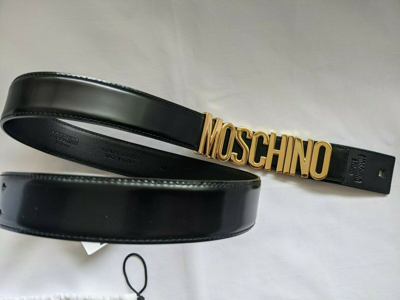 Pre-owned Moschino Couture Jeremy Scott Shiny Black Leather Belt With Gold Lettering Logo In Gold/black