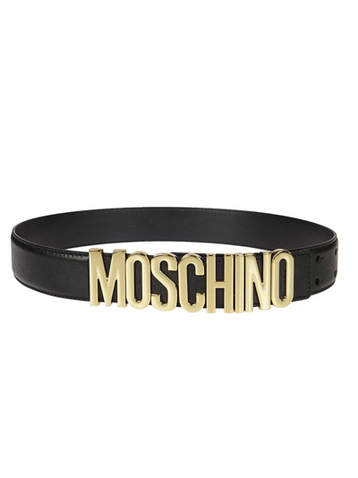 Pre-owned Moschino Couture Jeremy Scott Shiny Black Leather Belt With Gold Lettering Logo In Gold/black