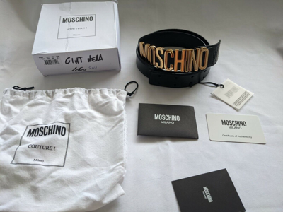 Pre-owned Moschino Couture Jeremy Scott Shiny Black Leather Belt With Gold Lettering Logo In Gold/black
