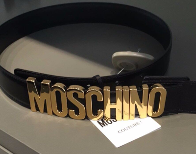 Pre-owned Moschino Couture Jeremy Scott Shiny Black Leather Belt With Gold Lettering Logo In Gold/black