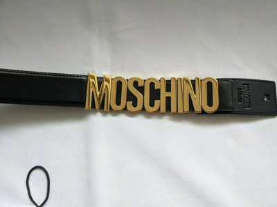 Pre-owned Moschino Couture Jeremy Scott Shiny Black Leather Belt With Gold Lettering Logo In Gold/black