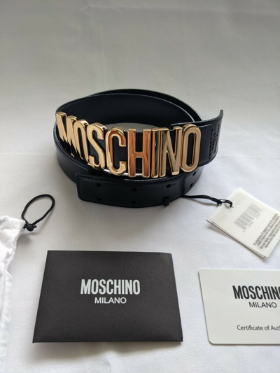 Pre-owned Moschino Couture Jeremy Scott Shiny Black Leather Belt With Gold Lettering Logo In Gold/black