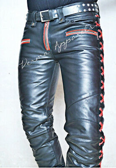 Pre-owned Leatheredstar Black & Red Lace Up Leather Jeans Very Well Made  Great Fit & Design Fetish Gt | ModeSens