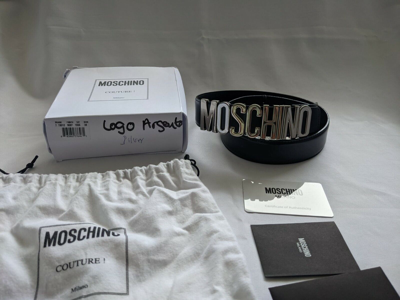 Pre-owned Moschino Couture Ss17  Jeremy Scott Black Leather Belt With Silver Lettering Logo In Silver/black