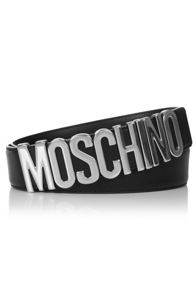 Pre-owned Moschino Couture Ss17  Jeremy Scott Black Leather Belt With Silver Lettering Logo In Silver/black