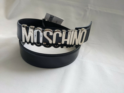 Pre-owned Moschino Couture Ss17  Jeremy Scott Black Leather Belt With Silver Lettering Logo In Silver/black