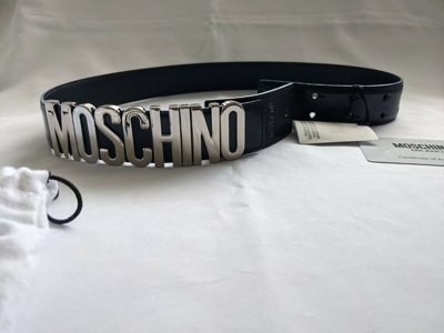 Pre-owned Moschino Ss17  Couture Jeremy Scott Black Leather Belt With Silver Lettering Logo In Silver/black