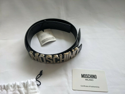Pre-owned Moschino Ss17  Couture Jeremy Scott Black Leather Belt With Silver Lettering Logo In Silver/black