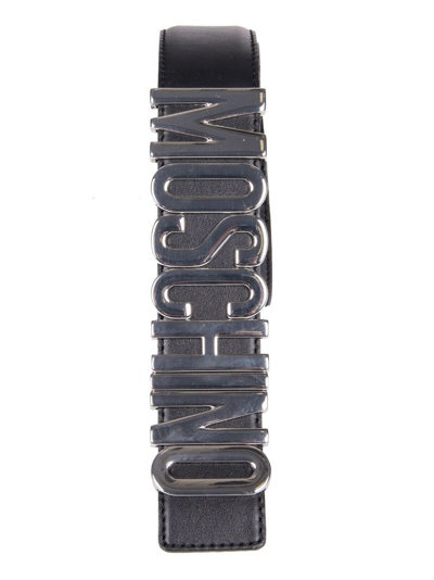 Pre-owned Moschino Ss17  Couture Jeremy Scott Black Leather Belt With Silver Lettering Logo In Silver/black