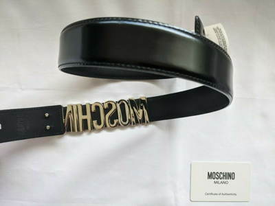 Pre-owned Moschino Ss17  Couture Jeremy Scott Black Leather Belt With Silver Lettering Logo In Silver/black
