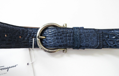 Pre-owned Ferragamo Salvatore  Wide Adjustable Blue Crocodile Gancini Belt 42 Us 105 Cm