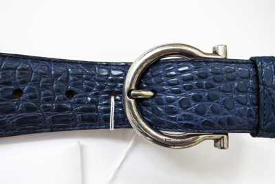 Pre-owned Ferragamo Salvatore  Wide Adjustable Blue Crocodile Gancini Belt 42 Us 105 Cm