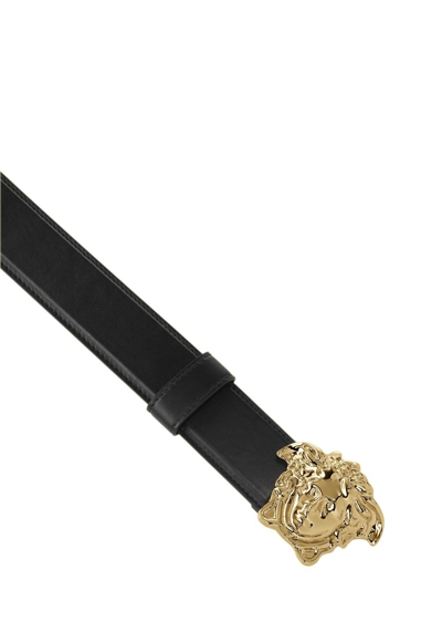 Pre-owned Versace Black Leather Belt With Gold Medusa Buckle • Width 1.5" • Made In Italy