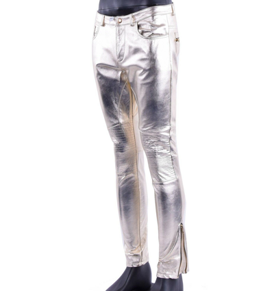 Pre-owned Moschino Runway Shiny Slim Fit Biker Nappa Leather Trousers Pants Gold 05409