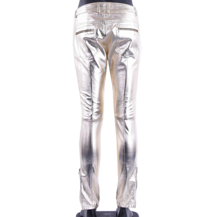 Pre-owned Moschino Runway Shiny Slim Fit Biker Nappa Leather Trousers Pants Gold 05409