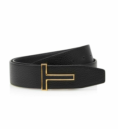 Pre-owned Tom Ford Signature T Buckle Reversible Grained Black 4cm Icon Belt 95cm