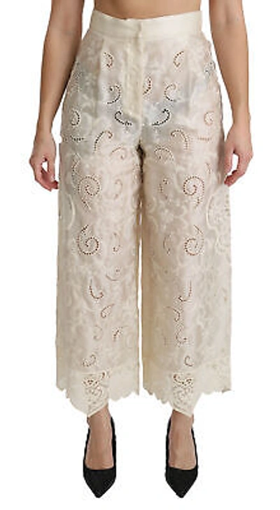 Pre-owned Dolce & Gabbana Pants Cream Lace High Waist Palazzo Cropped It46/ Us12/ Xl $4000 In White