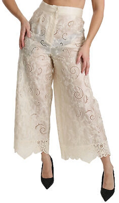 Pre-owned Dolce & Gabbana Pants Cream Lace High Waist Palazzo Cropped It46/ Us12/ Xl $4000 In White