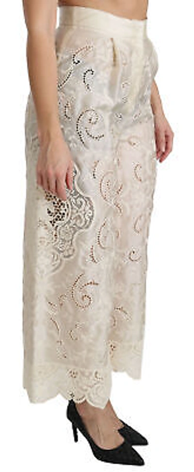 Pre-owned Dolce & Gabbana Pants Cream Lace High Waist Palazzo Cropped It46/ Us12/ Xl $4000 In White