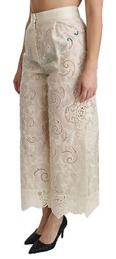 Pre-owned Dolce & Gabbana Pants Cream Lace High Waist Palazzo Cropped It46/ Us12/ Xl $4000 In White