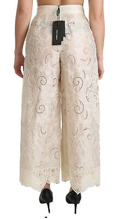 Pre-owned Dolce & Gabbana Pants Cream Lace High Waist Palazzo Cropped It46/ Us12/ Xl $4000 In White