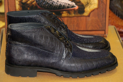 Pre-owned Los Altos Boots Los Altos Genuine Lizard Stingray Navy Blue Men Ankle Boot (d) Width Za2068205