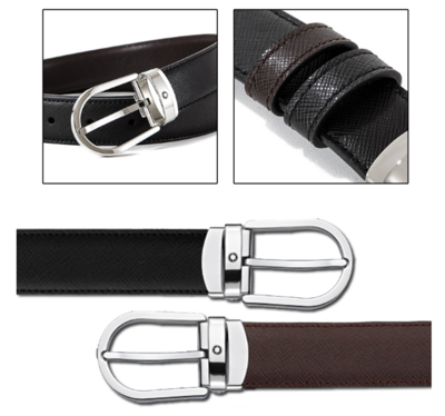 Pre-owned Montblanc 113834 Black And Brown Reversible Leather Belt With Free Gift