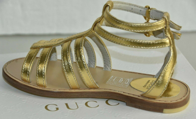 GUCCI Pre-owned Kids' $295 In Box  Girls Sandals Strappy Gold Metallic Leather Flats Shoes 27