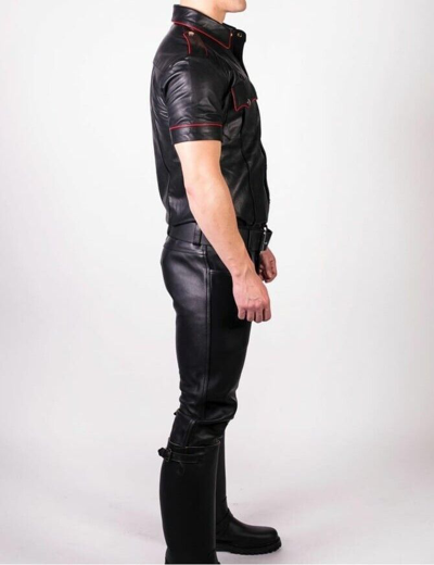 Pre-owned Leather4-all Men's Real Leather Pants & Police Shirt With Red Piping Leather Pants/shirt