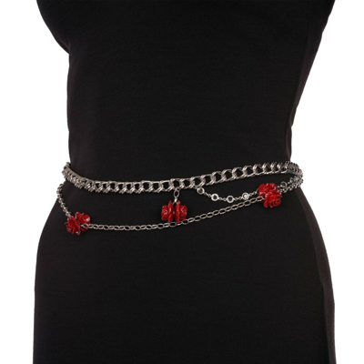 Pre-owned Dolce & Gabbana Rose Roses Leather Chain Belt For Dress Red Silver 09320