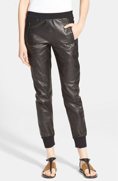 Pre-owned Vince Mixed Media Leather Crepe Trousers Jogger Pants V240521071 Size S & M In Black