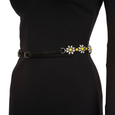 Pre-owned Dolce & Gabbana Crystal Daisy Flower Suede Chain Belt Silver Yellow Black 09307