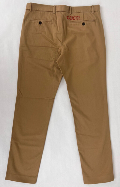 Pre-owned Gucci Mens Saturn Brown Military Cotton Drill Pants Embroidered Logo 519546 9813