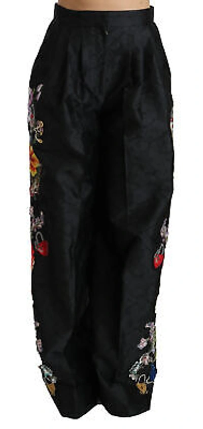 Pre-owned Dolce & Gabbana Pants Black Brocade Floral Sequined Beaded It42/us8/m Rrp $11100