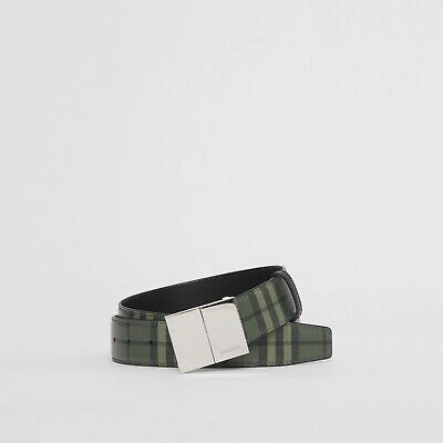 Pre-owned Burberry London Olympia Military Green Check Print Leather Belt Size 85 Eu/34 Us