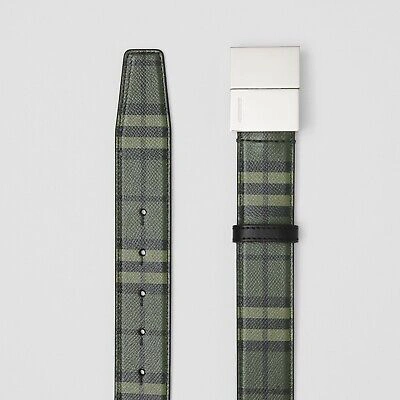 Pre-owned Burberry London Olympia Military Green Check Print Leather Belt Size 85 Eu/34 Us
