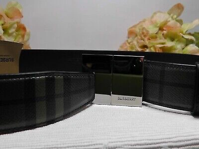 Pre-owned Burberry London Olympia Military Green Check Print Leather Belt Size 85 Eu/34 Us