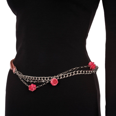 Pre-owned Dolce & Gabbana Roses Crystal Leather Chain Belt For Dress Pink Silver 09321